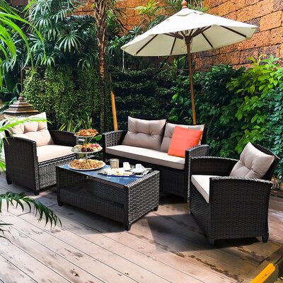 Foxcroft 4 Piece Rattan Sofa Seating Group with Cushions by Ebern Designs