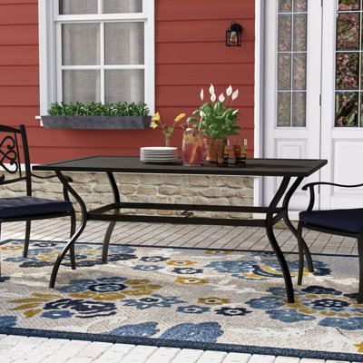 Birmadevi Powder-coated Metal Frame Black Rectangular Outdoor Patio Dining Table with Umbrella Hole by Wade Logan