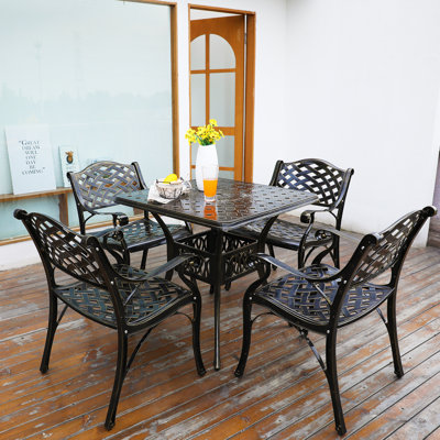 5-Piece Outdoor Furniture Dining Set, All Weather Cast Aluminum Conversation Set Includes 4 Chairs And A 31.5” Square Table With 2.2" Umbrella Hole Fo by Canora Grey