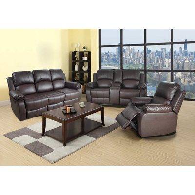 Branscome 3 Piece Vegan Leather Manual Reclining Living Room Sofa Set by Wade Logan
