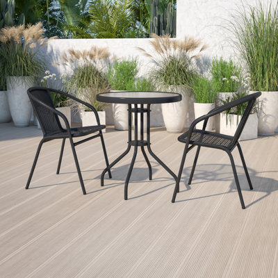 Amlie 23.75" Round Glass Metal Table with 2 Rattan Stack Chairs by Wade Logan
