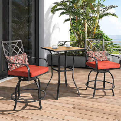 Jayc 2 - Person Square Outdoor Patio Bar Dining Sets with Cushions, Outdooor 3 Pieces Bar Height Dining Set with Swivel Chairs & Metal Slat Table by Winston Porter