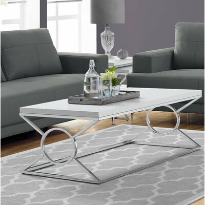 Haywa Coffee Table, Accent, Cocktail, Rectangular, Living Room, 44"L, Metal, Glossy White, Chrome by Mercer41