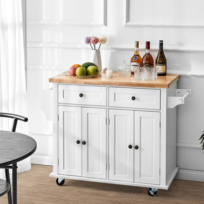 Ahlanni Kitchen Islands, Movable Kitchen Cart with Solid Wood Top, Locking Wheels, Towel Rack by Lark Manor