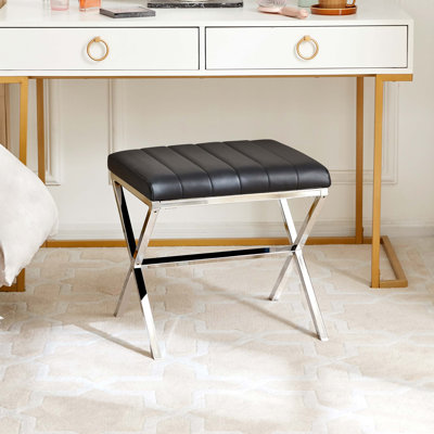 Faux Leather Pollman Iron Vanity Stool Chrome X-Shaped Metal Legs by Kelly Clarkson Home