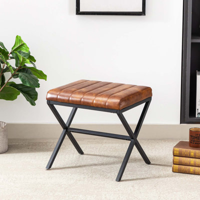 Faux Leather Pollman Iron Vanity Stool Chrome X-Shaped Metal Legs by Kelly Clarkson Home