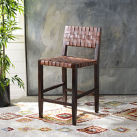 Paxton Contemporary Mahogany Wood & Woven Cognac Leather Stool