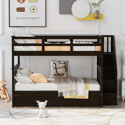 Wood Standard Bunk Bed With Stairs and Trundle by Harriet Bee