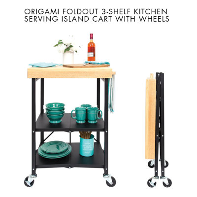 Foldaway Rolling Kitchen Cart Solid Wood Top by Origami
