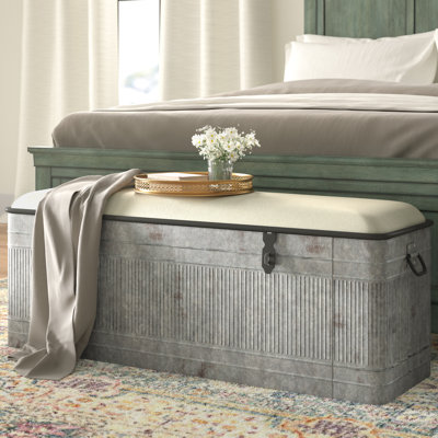 Metal Galvanized Room Storage Bench with Cream Burlap Top by Laurel Foundry Modern Farmhouse
