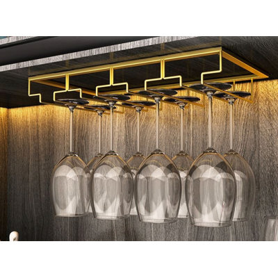Dalal Industrial Metal Hanging Wine Glass Rack, Under Cabinet Wine Glass Rack - Wall Mounted Wine Stemware Rack for Kitchen & Home Bars, Gold Finish ( by Everly Quinn
