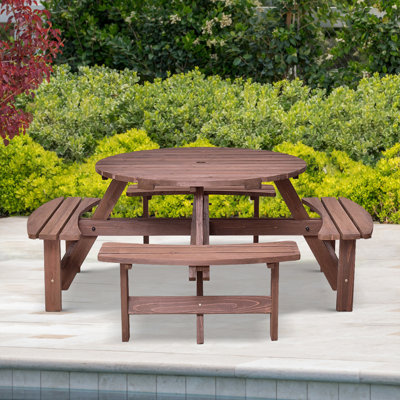 70.5 In. W Round Wood Outdoor Picnic Table Bench Set With Umbrella Hole by Red Barrel Studio
