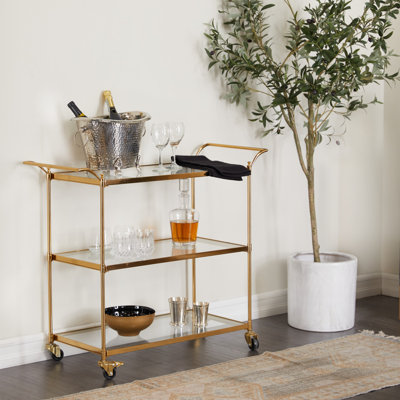 Sellar Metal Rolling 3 Glass Shelves Bar Cart with Lockable Wheels by Mercer41