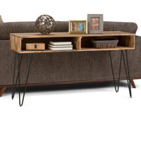 Hunter 55"W Solid Mango Wood and Metal Industrial Storage Console Table in Natural with Hairpin Legs by Simpli Home