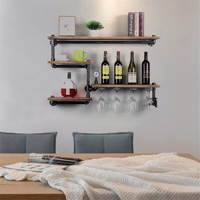 Industrial Wine Racks Wall Mounted Shelf Rack Bottle Holder With 4 Stem Glass Holder by Williston Forge