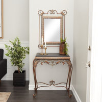 Lulu 2 Pieces Bronze Metal Leaf Console Table with Mirror with Scrolled Legs 32", 32"H by Bloomsbury Market