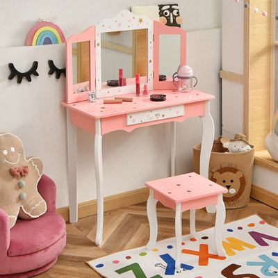 McMillan Kids Vanity Princess Makeup Dressing Table Chair Set W/ Tri-folding Mirror Pink by Gemma Violet