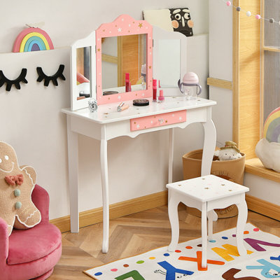 McMillan Kids Vanity Princess Makeup Dressing Table Chair Set W/ Tri-folding Mirror Pink by Gemma Violet