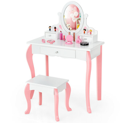 McMillian Kids Vanity Princess Makeup Dressing Table Stool Set W/ Mirror Drawer Pink by Gemma Violet