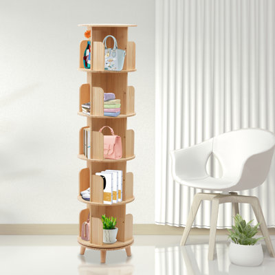 Shanae 5 Tiers 360° Rotating Solid Pine Wood Bookcase Book Storage Shelf 110 lbs Capacity by George Oliver
