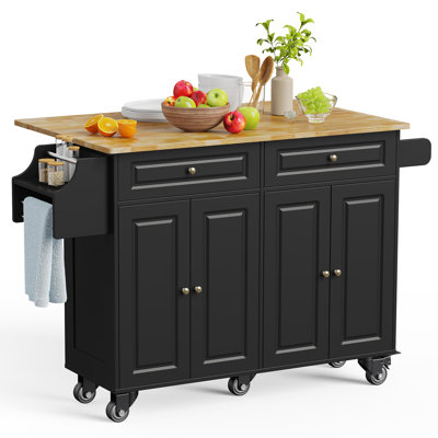 Expandable Solid Wood Kitchen Cart with Drop Leaf, Drawers, Cabinets, Spice Rack, Towel Bar, and Locking Wheels by Red Barrel Studio