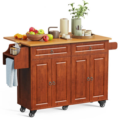Expandable Solid Wood Kitchen Cart with Drop Leaf, Drawers, Cabinets, Spice Rack, Towel Bar, and Locking Wheels by Red Barrel Studio