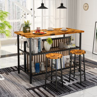 Jacarie 3 Piece Dining Table Set, Industrial Dining Kitchen Island Set With Storage Shelves, Wooden Kitchen Storage Rack With 2 Bar Stools, Rustic Far by 17 Stories