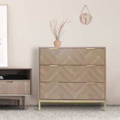 Bendt Modern 3 Drawer Chest Dresser, Mid Century Natural Oak Organizer Bedroom Furniture with Gold Metal by Corrigan Studio