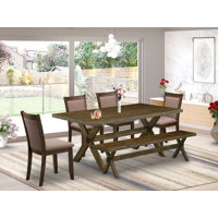 Schutzer 6 Piece Dining Table Set- A Wooden Table with Small Wood Bench and 4 Linen Fabric Kitchen Chairs by Rosalind Wheeler