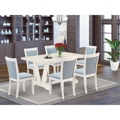 7-Pc Dining Set - a Dining Table with 6 Linen Fabric Dining Chairs - Wire Brushed Linen White Finish by Rosalind Wheeler