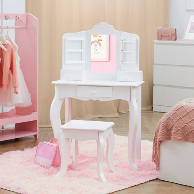 Teamson Kids Little Princess Wooden 2pc. Vanity Table & Stool Set with Mirror & Jewelry Organizers for Pretend Makeup Play and Bedroom Storage by Teamson Kids