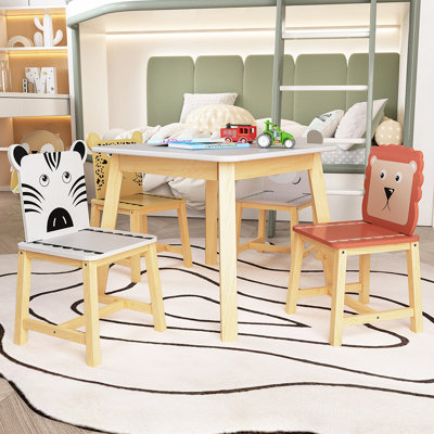 Wooden Kids Table With 4 Chairs Set,Cartoon Animals 5 Piece Kiddy Table And Chair Set, Kids Square Play Table And Chair Set For Girls, Toddlers, Boys by Zoomie Kids