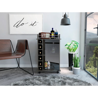 Dukat 2-Shelf Glass Door Bar Cart with Six Wine Cubbies by Wade Logan