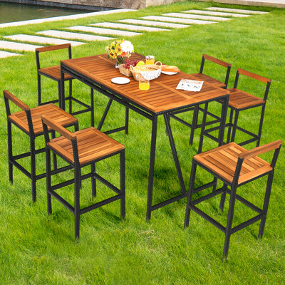 7pcs Patio Rattan Bar Set Acacia Wood Frame Stools Table Umbrella Hole by Latitude Run