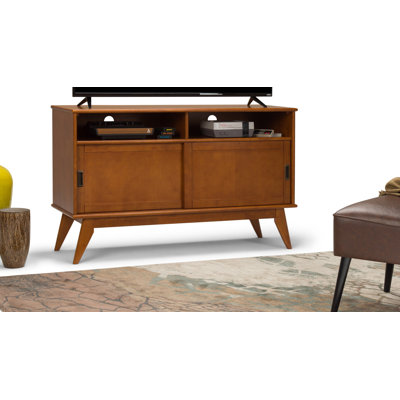Draper 54"W Solid Wood Mid-Century Modern Tall TV Stand for TVs up to 60" with 2 Sliding Doors and Open Shelves