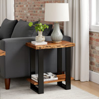 Alpine 27-Inch Solid Acacia Wood 2-Tier Modern Industrial End/Side Table with Live Edge Design by The Twillery Co.