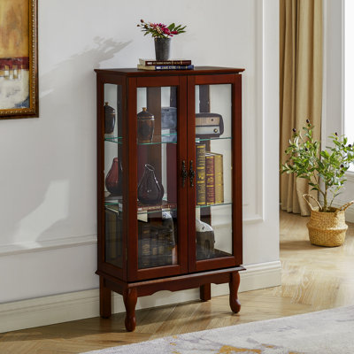 Kleinschmidt Curio Cabinet Lighted Curio Display Cabinet with Adjustable Shelves, Tempered Glass Doors and Mirrored Back Panel by Three Posts