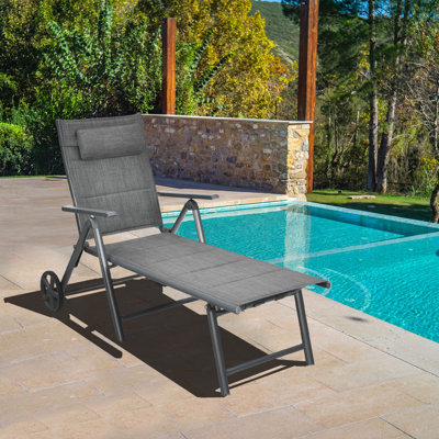 Patiojoy Patio Chaise Lounge Chair Outdoor Reclining Chair W/neck Pillow & Wheels Gray by Latitude Run
