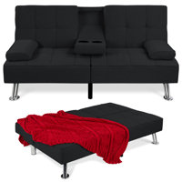Latsia Modern Linen Convertible Futon Sofa Bed w/ Removable Armrests, Metal Legs, Cupholders by Latitude Run