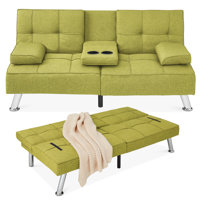 Latsia Modern Linen Convertible Futon Sofa Bed w/ Removable Armrests, Metal Legs, Cupholders