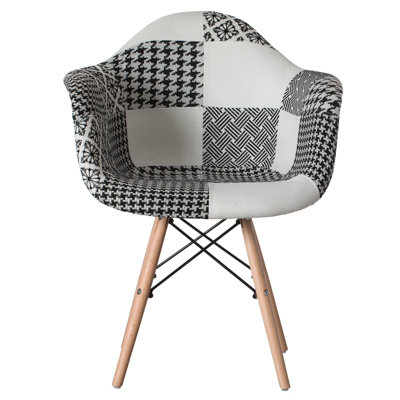 Mid-century Modern Style Fabric Lined Armchair With Beech Wooden Legs, Black And White by George Oliver