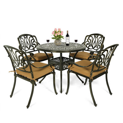 5 Piece Patio Dining Set, Outdoor All-weather Cast Aluminum Dining Table Set, Patio Furniture Set For Backyard Garden Deck, Include 4 Chairs, 4 Cushio by Bloomsbury Market