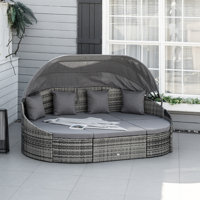 Shenae 4 Pieces Patio PE Wicker Lounge Set, Outdoor Rattan Garden Conversation Furniture Set, Round Sofa Bed With Cannopy, Cushioned, And Pillows, Dar