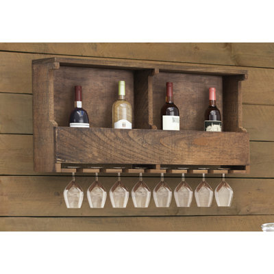 Rundell Wall-Mounted Solid Pine/Reclaimed Wood Wine Rack with Glass Holder and Shelf Ledge, Rustic Industrial Home Bar Furniture with Natural Finish |
