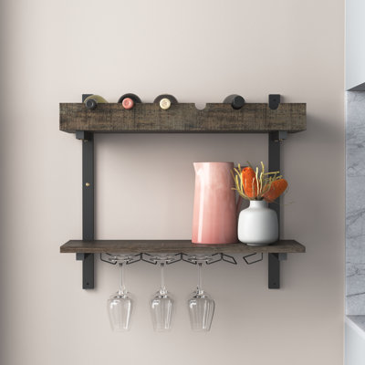 Rundell 30" Wide Rustic Industrial Wooden and Metal Wall Mounted Wine Rack Stores Bottles And Glass by Trent Austin Design