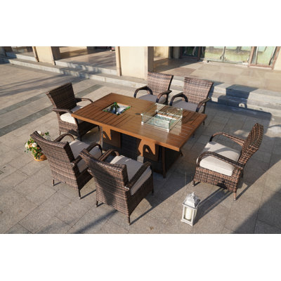 Moda 70 In. X 39 In. X 27 In. Rectangular Wicker Outdoor Gas Fire Pits Table With 6-Chairs