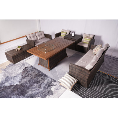 Moda 70 In. X 39 In. X 27 In. Rectangular Wicker Outdoor Gas Fire Pits Dining Set