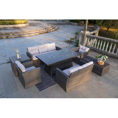 Moda 70 In. X 39 In. X 27 In. Rectangular Wicker Outdoor Gas Fire Pits Dining Set by Red Barrel Studio