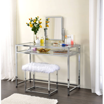 Jolien Glass Rectangular Vanity Set with Stool and Mirror in Chrome by Trent Austin Design