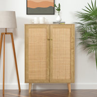 Corvyn Rattan Cabinet,Entry Cabinet Wood 2 Door Accent Cabinet with Adjustable Shelves Rustic Oak by Bayou Breeze